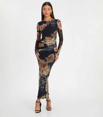 QUIZ Black Diamanté Floral Mesh Midaxi Dress