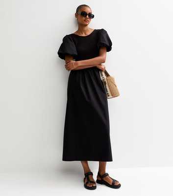 Tall Black Puff Sleeve 2 in 1 Poplin Skirt Midi Dress