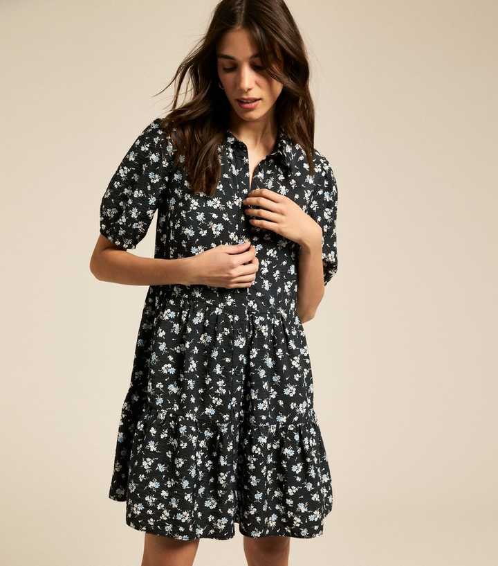 Blue Floral Print Tiered Short Sleeve Shirt Mini Dress