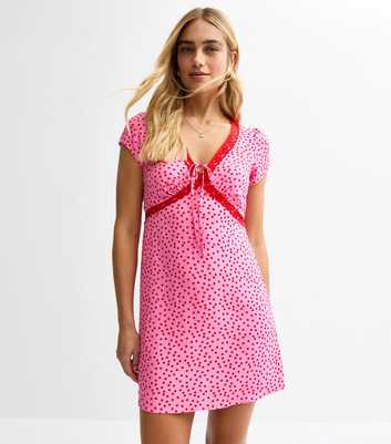 Pink Lace Trim Polka Dot Mini Dress