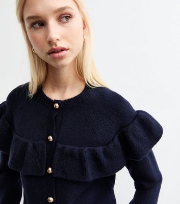 Navy Frill Trim Cardigan | New Look