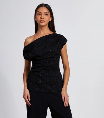 QUIZ Black Sparkle Drape Off Shoulder Top New Look