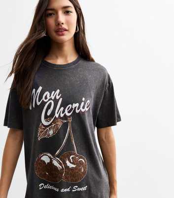 Dark Grey Oversized Cherry Print Cotton T-Shirt