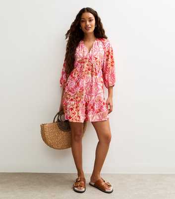 Petite Pink Tile Print Tiered Mini Smock Dress