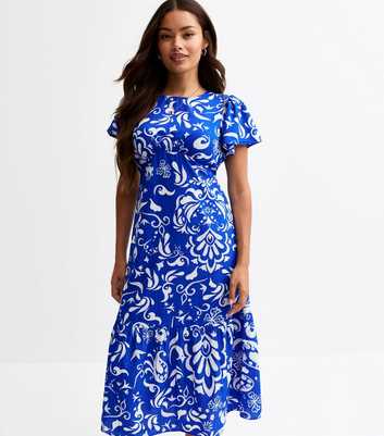 Petite Blue Frill Sleeve Crepe Tiered Midi Dress