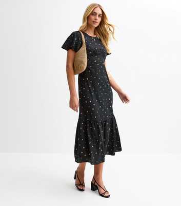 Black Floral Print Gathered Midi Dress