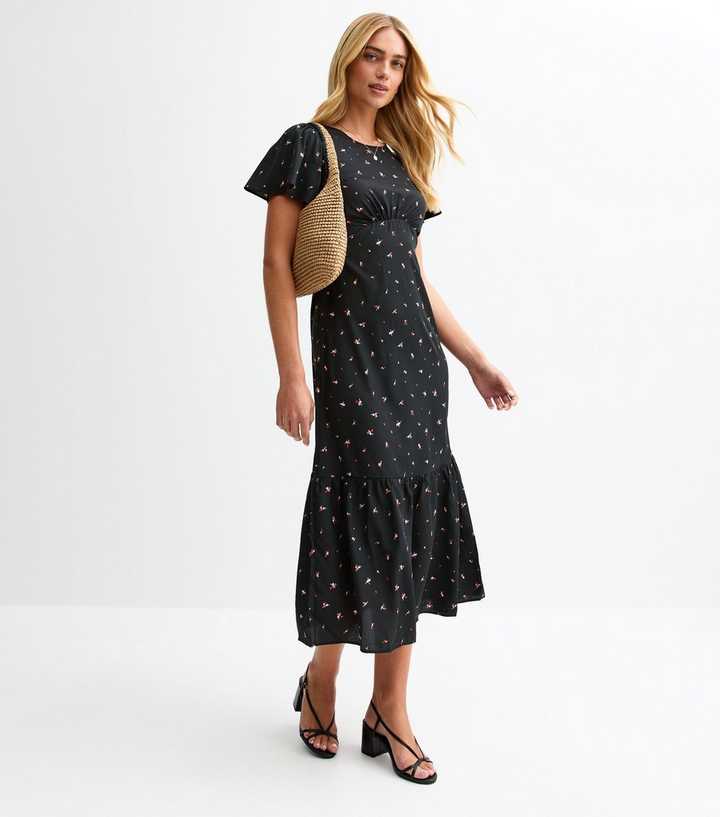 Black Floral Print Gathered Midi Dress