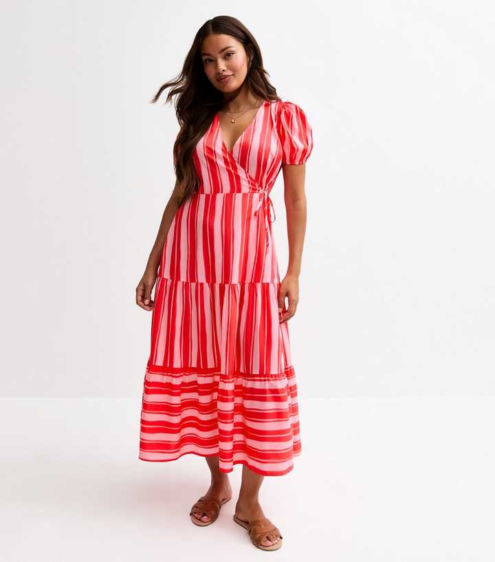 Petite Pink Striped Wrap Style Tiered Midi Dress