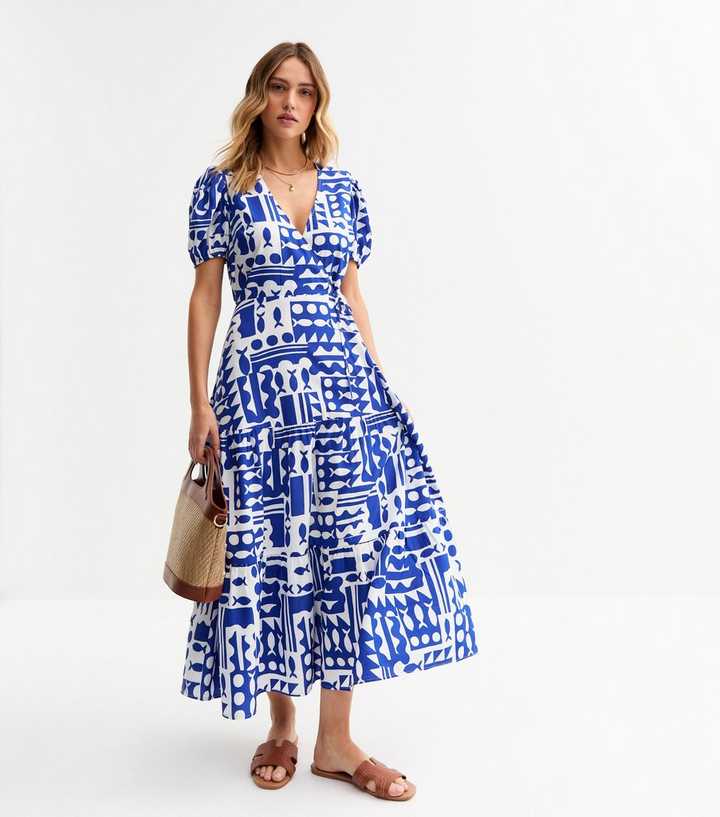 Blue Fish Print Wrap Midi Dress