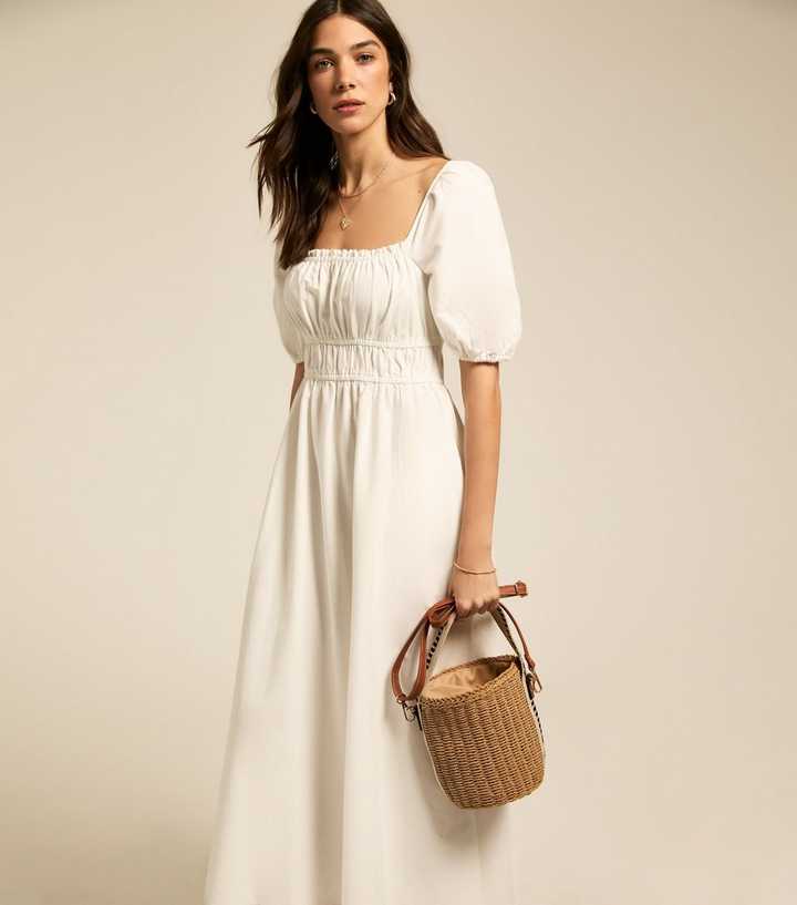 White Puff Sleeve Midi Dress