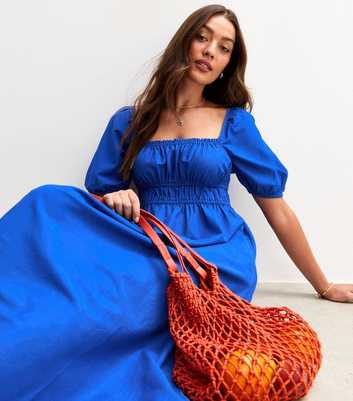 Blue Puff Sleeve Midi Dress