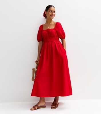 Red Puff Sleeve Midi Dress