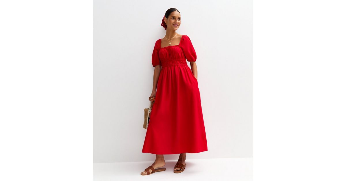 Red Puff Sleeve Midi Dress | New Look