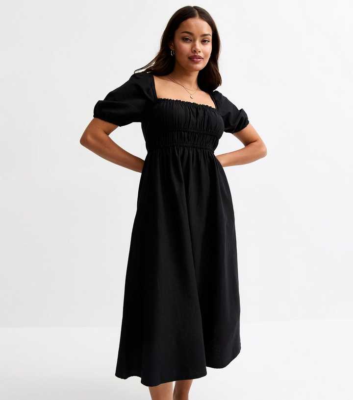 Petite Black Milkmaid Puff Sleeve Midi Dress