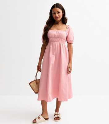 Petite Pink Milkmaid Puff Sleeve Midi Dress