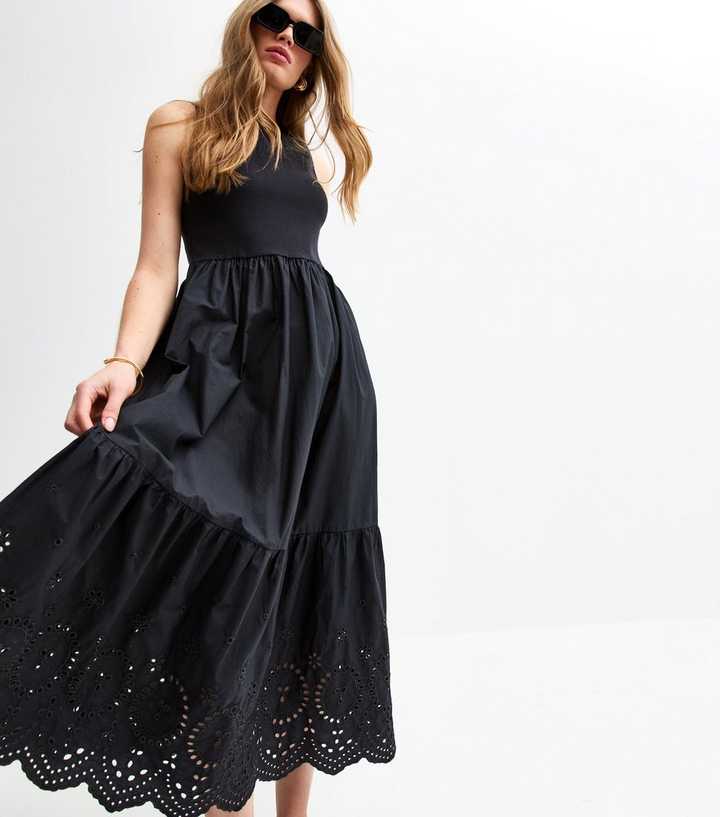Black Rib Racerback Broderie Anglaise Embroidered Midi Dress