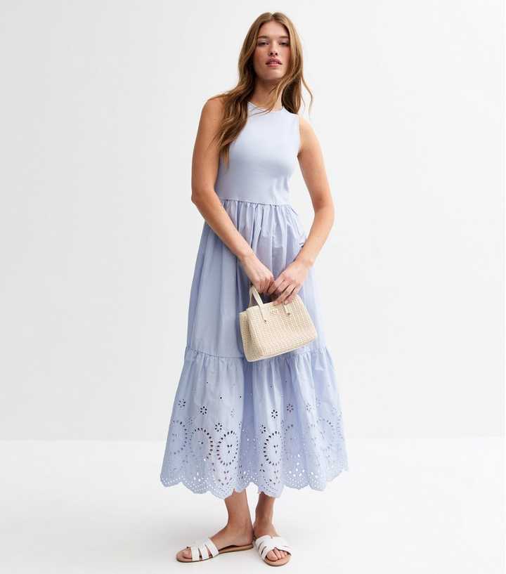 Light Blue Rib Racerback Broderie Anglaise Embroidered Midi Dress