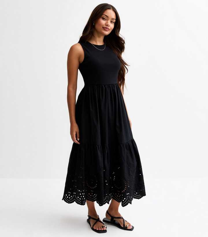 Petite Black Embroidered Hem Midi Dress