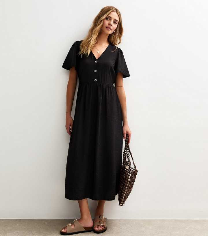 Black Flutter Sleeve Button Front Midi Dress