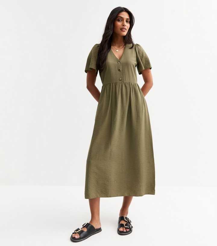 Khaki Green Flutter Sleeve Button Front Midi Dress