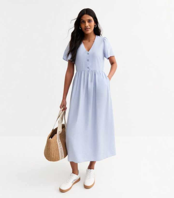 Light Blue Flutter Sleeve Button Front Midi Dress