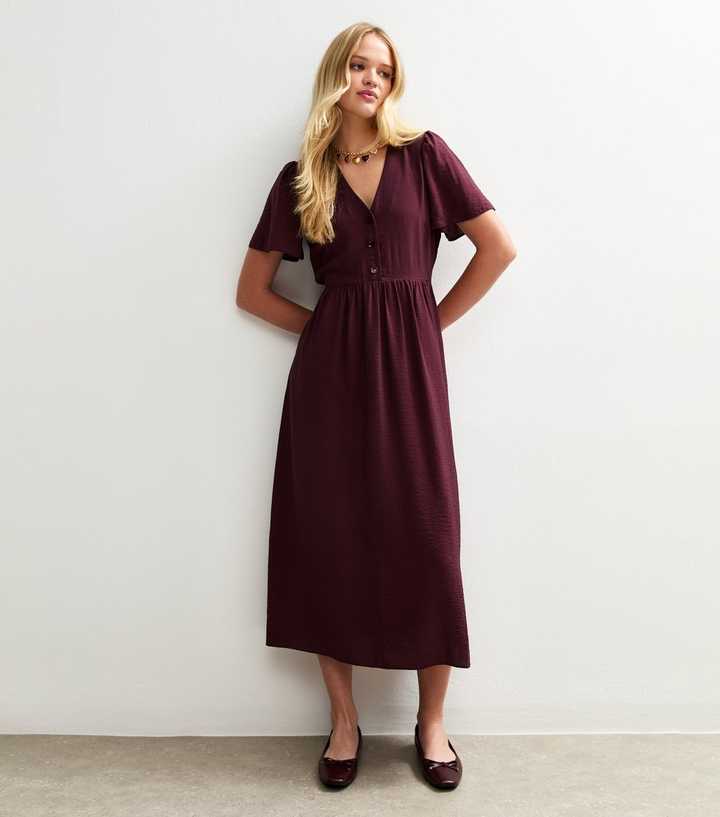 Burgundy Flutter Sleeve Button Front Midi Dress | New Look