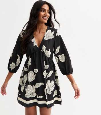 Black Floral Print Mini Smock Dress