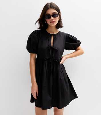 Black Tie Front Bow Detail Mini Dress