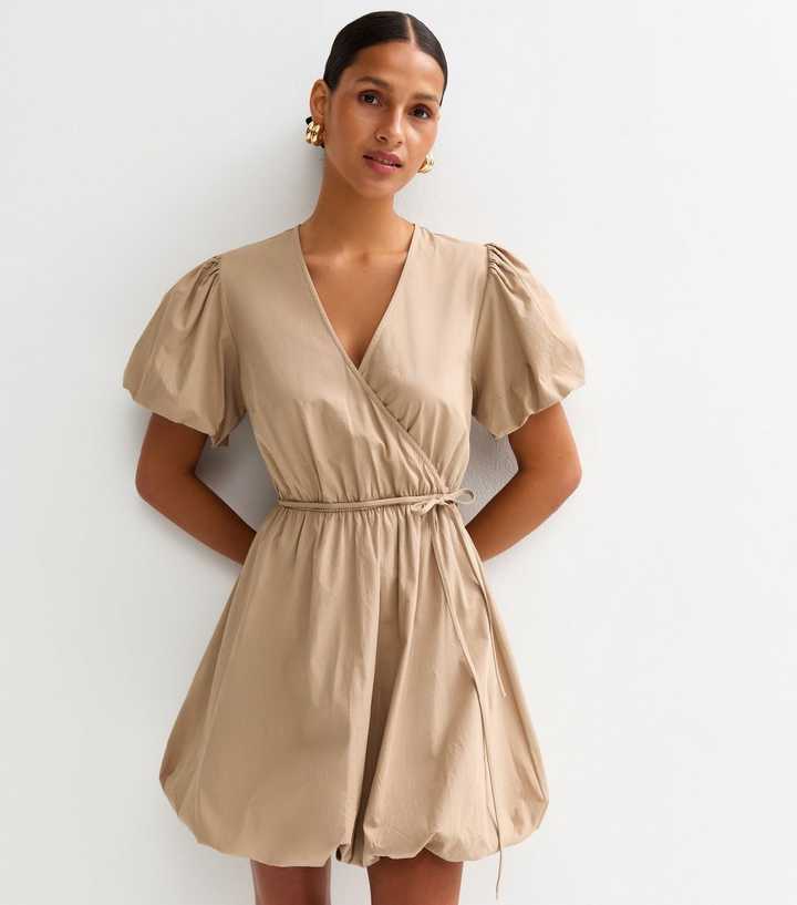 Camel Puffball Hem Wrap Mini Dress