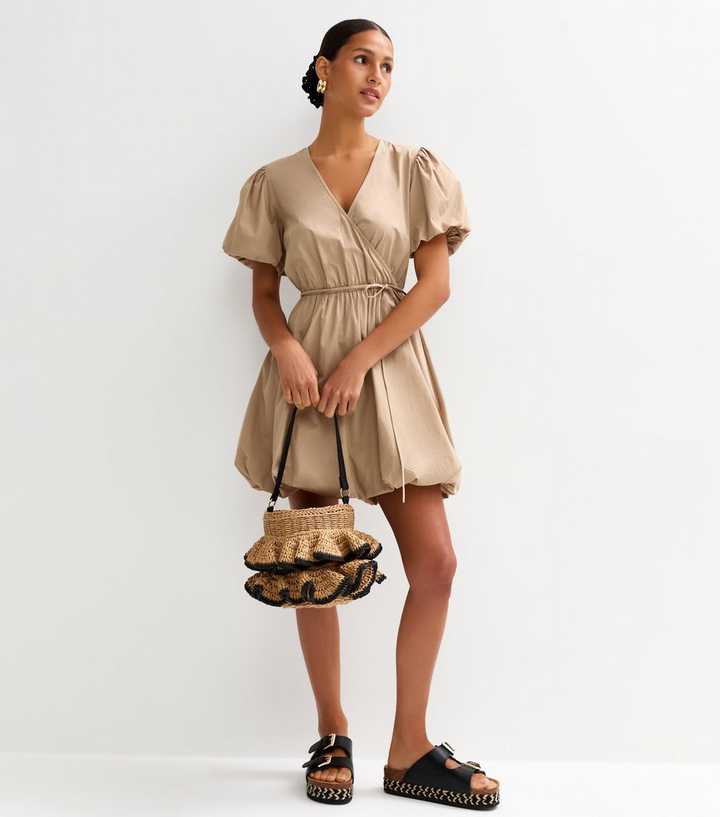 Camel Puffball Hem Wrap Mini Dress | New Look Camel Puffball Hem Wrap Mini Dress | New Look