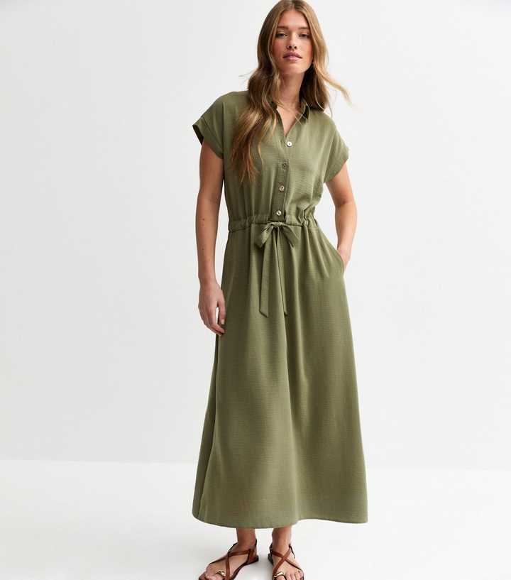 Khaki Drawstring Waist Textured Midi Dress