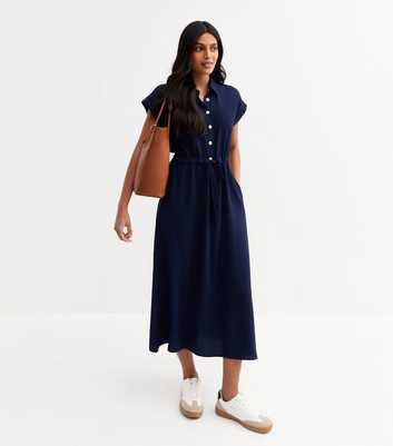 Navy Drawstring Waist Textured Midi Dress