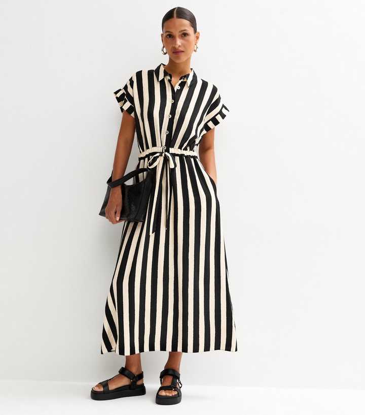 White Stripe Print Tie Front Shirt Dress