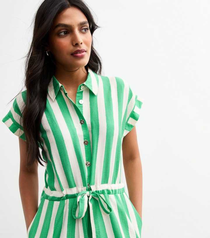 Green Stripe Print Tie Front Shirt Dress | New Look