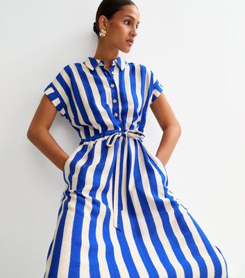 Blue Stripe Print Tie Front Shirt Dress