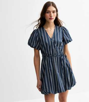 Blue Stripe Print Puffball Wrap Mini Dress
