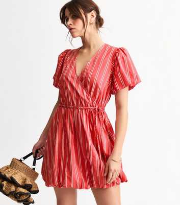 Red Stripe Print Puffball Wrap Mini Dress