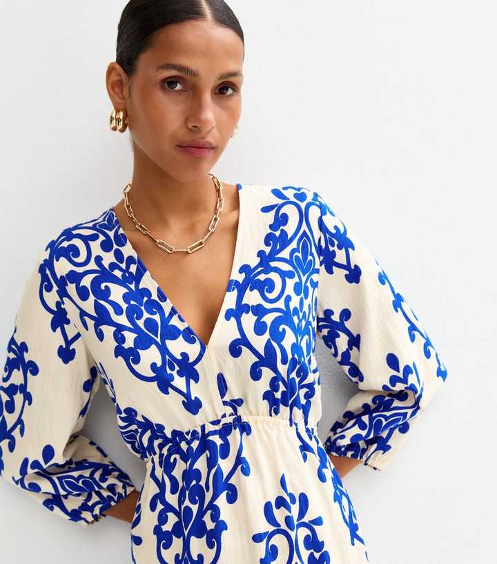 Off White Paisley Print V-Neck Smock Midi Dress