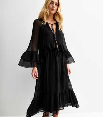 Black Ruffle Trim Chiffon Midi Dress