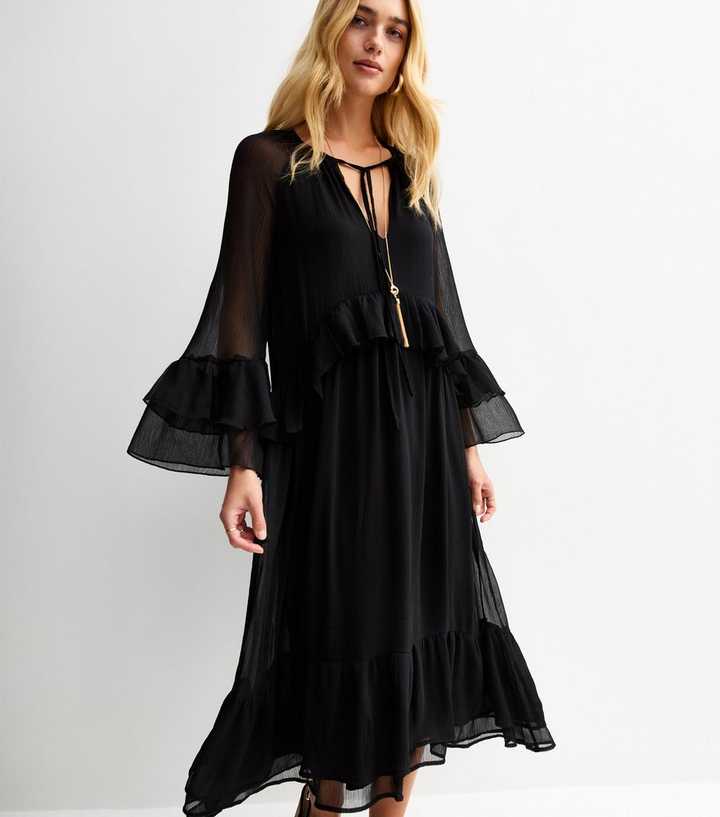 Black Ruffle Trim Chiffon Midi Dress