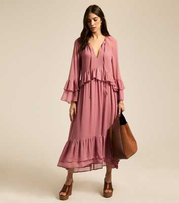 Pink Ruffle Trim Chiffon Midi Dress