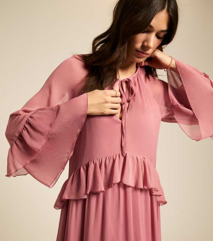 Pink Ruffle Trim Chiffon Midi Dress