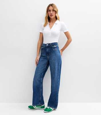 Blue Buttoned Pocket Wide Leg Jeans