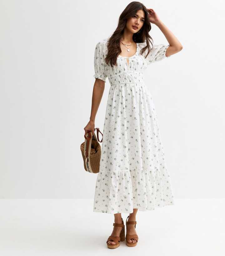 White Floral Print Milkmaid Midi Dress
