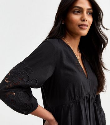 Black Broderie Sleeve Smock Mini Dress | New Look