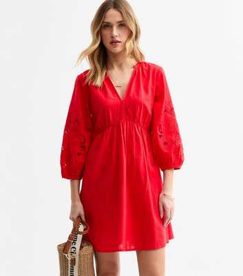 Red Broderie Sleeve Smock Mini Dress