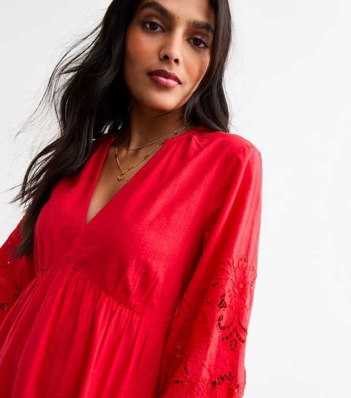 Red Broderie Anglaise Sleeve Smock Midi Dress