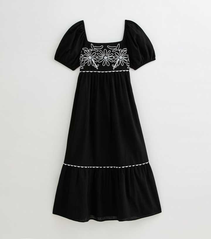 Black Floral Embroidered Midi Smock Dress