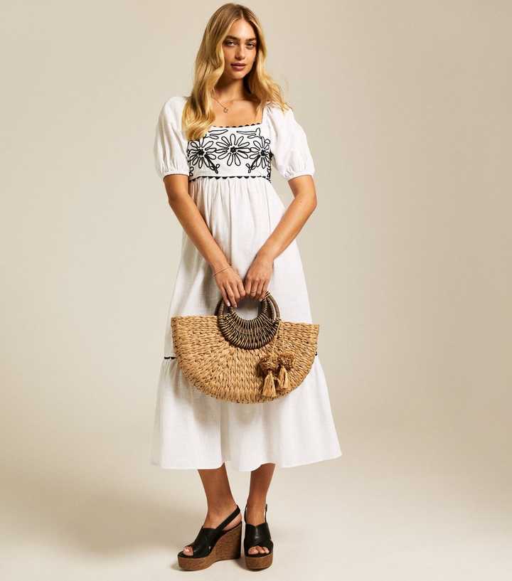 White Floral Embroidered Smock Midi Dress | New Look