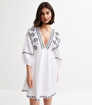 White Floral Embroidered Smock Mini Dress | New Look